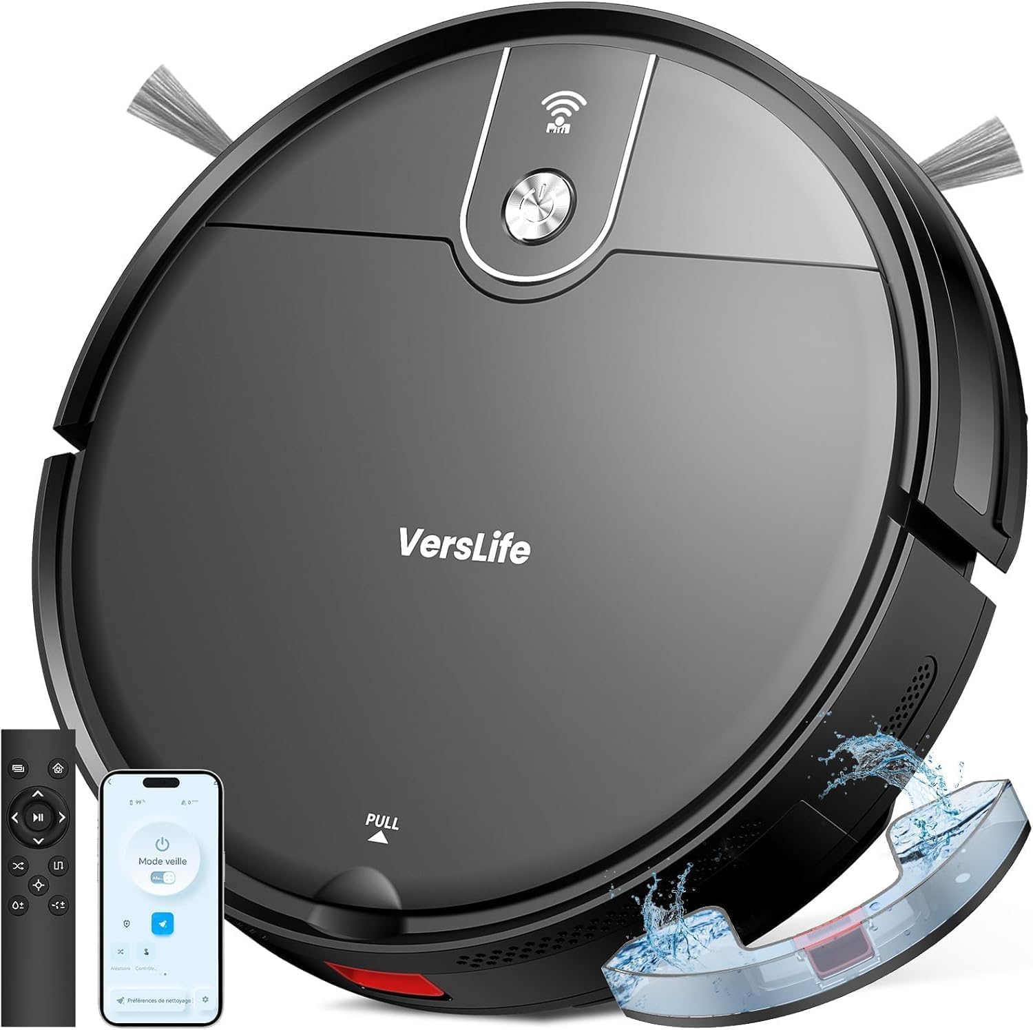 VersLife L6 Robot Aspirateur Laveur, 2 en 1 Aspirateur Robot Laveur, 4000Pa, 120 Min d'Autonomie, Alexa/WiFi/APP/Télécommande, Ricarica Automatica, pour Sols Durs, Tapis et Poils d'animaux (Noir)
