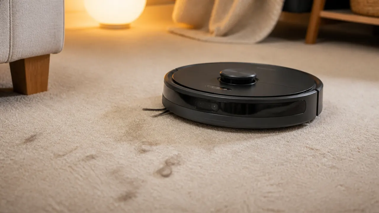 Anti-emmêlement et tapis : un critère décisif Robot aspirateur laveur en action sur un tapis avec poils d'animaux