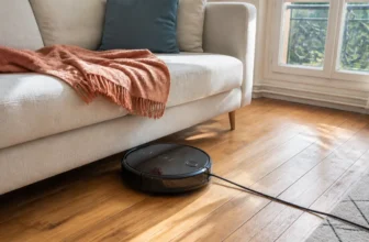 Aspirateur robot bloqué par un câble électrique au pied d'un canapé dans un salon