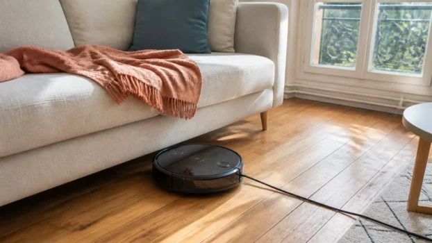 Aspirateur robot bloqué par un câble électrique au pied d'un canapé dans un salon