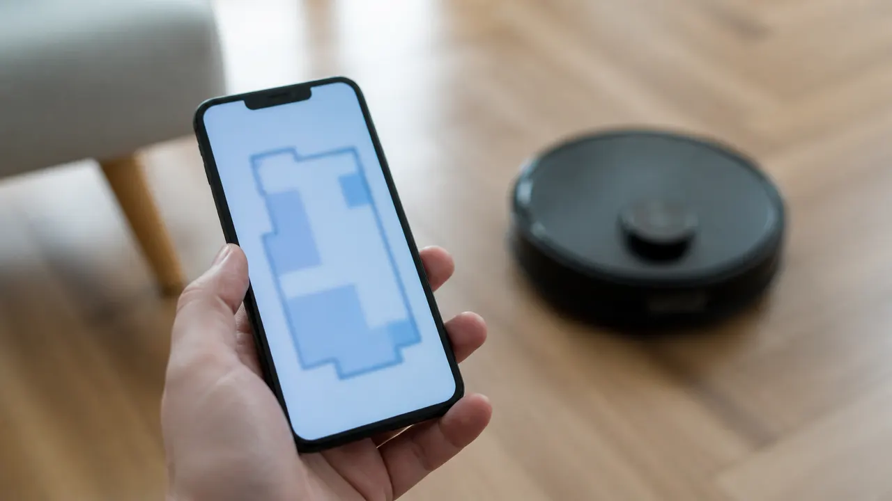 aspirateur-robot-cartographie-application-mobile Smartphone affichant un plan de logement cartographié par un aspirateur robot