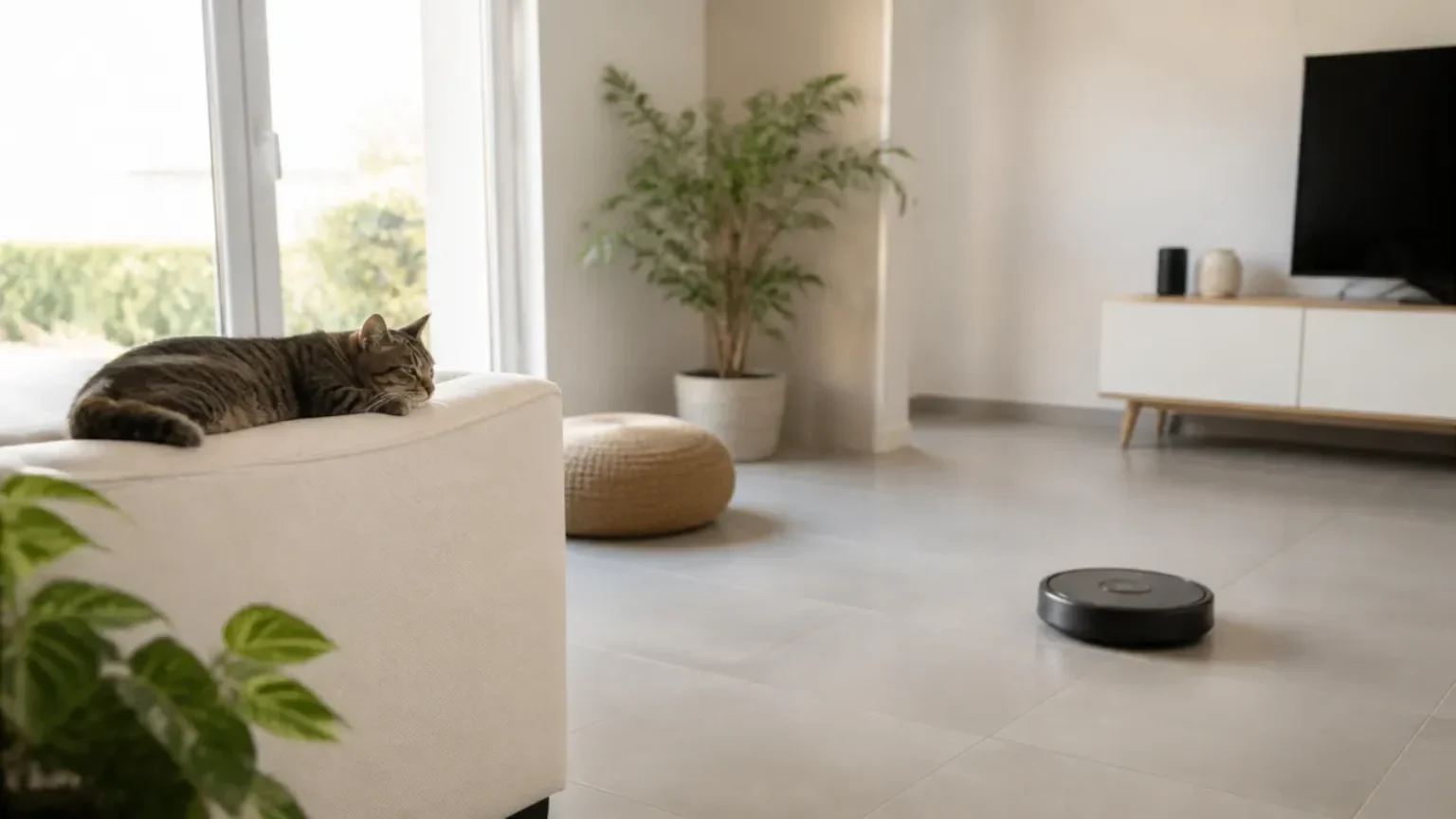 Chat observant un robot aspirateur en fonctionnement dans une pièce