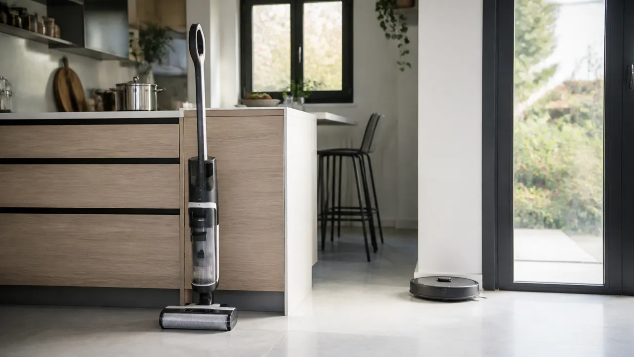 Comparaison aspirateur balai laveur et robot laveur Aspirateur balai laveur et robot laveur côte à côte dans une cuisine