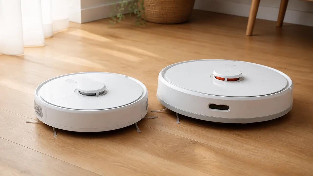 Comparaison directe entre deux gammes Dreame Deux robots aspirateurs laveurs côte à côte sur un parquet clair