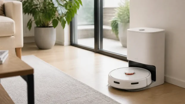 Robot aspirateur laveur posé sur sa station dans un salon avec parquet et tapis