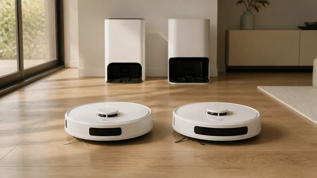 Comparatif Dreame L10s Ultra Gen 2 vs L10s Pro Ultra Heat Deux robots aspirateurs laveurs côte à côte dans un salon avec parquet clair et stations multifonction visibles