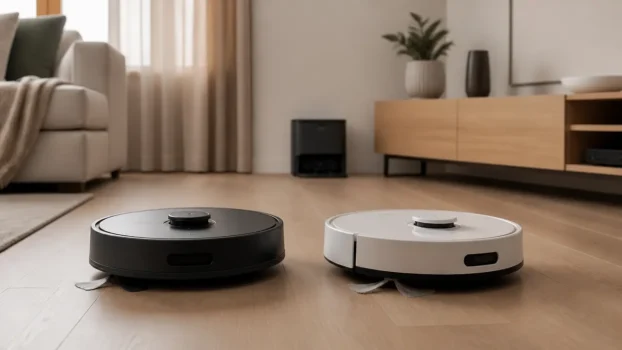 Deux robots aspirateurs laveurs côte à côte dans un salon