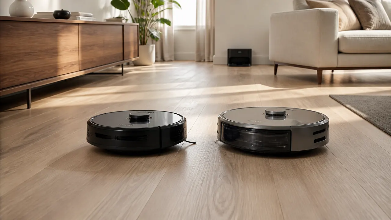 Comparatif Dreame L10s Ultra Gen 2 vs Roborock Qrevo S5V Deux robots aspirateurs laveurs côte à côte dans un salon