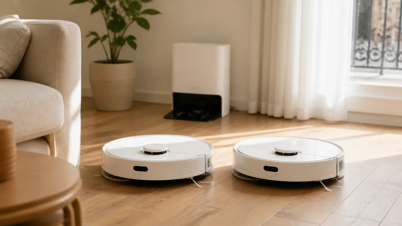 Deux robots aspirateurs laveurs côte à côte dans un salon contemporain