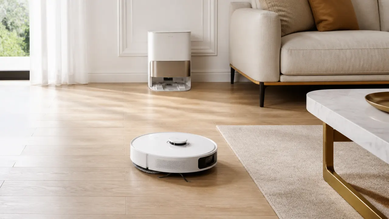 Robot aspirateur laveur générique nettoyant un parquet dans un salon lumineux