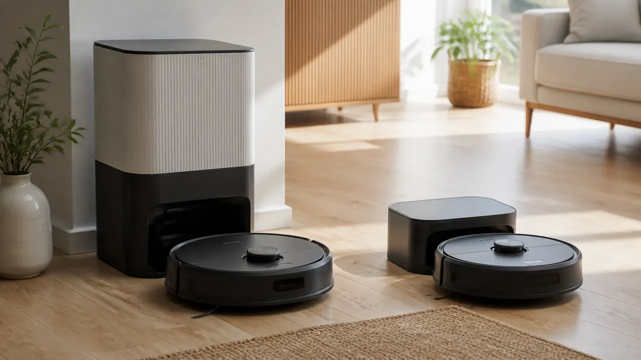 Comparatif robot laveur avec station complète et robot aspirateur avec station compacte Deux robots aspirateurs laveurs face à face dans un salon, l'un avec une station haute et l'autre avec une station compacte