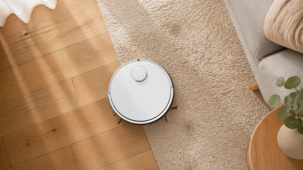 Robot aspirateur laveur générique passant d’un parquet à un tapis avec poils