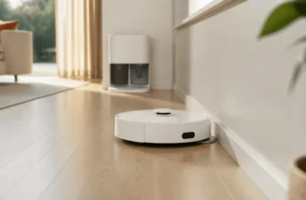 Robot aspirateur laveur Dreame en train de longer la plinthe d'un salon