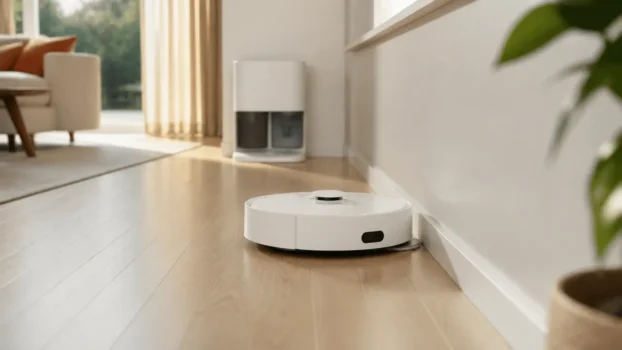 Robot aspirateur laveur Dreame en train de longer la plinthe d'un salon