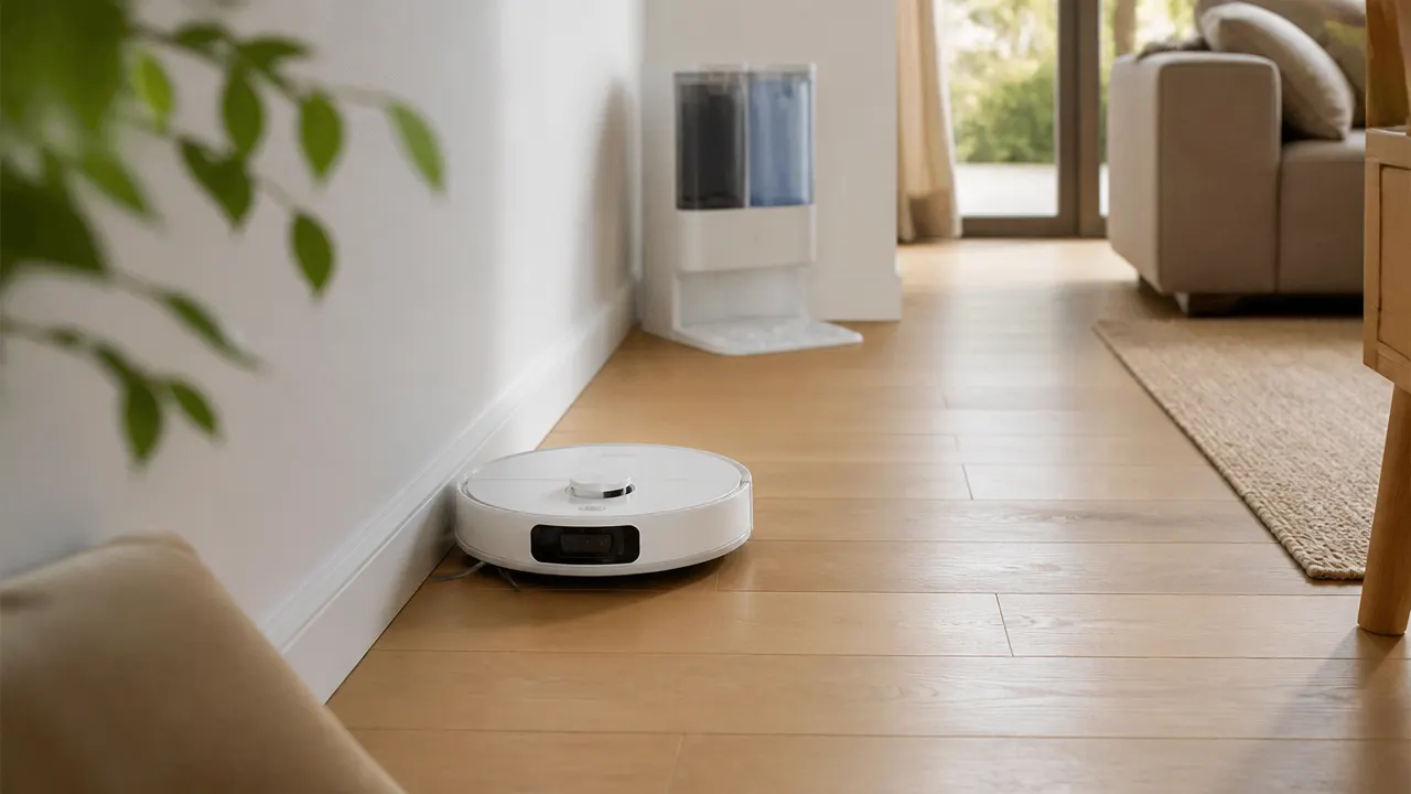 Dreame L10s Ultra Gen 2 en situation dans un salon Robot aspirateur laveur Dreame en train de longer la plinthe d'un salon