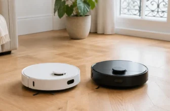Deux robots aspirateurs laveurs posés côte à côte sur un parquet clair