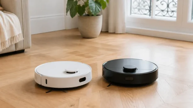 Deux robots aspirateurs laveurs posés côte à côte sur un parquet clair