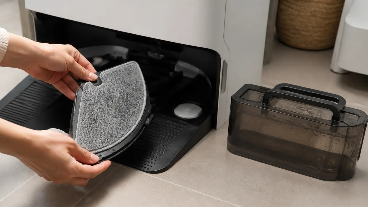 Entretien manuel régulier de la station d'un robot laveur Mains retirant une serpillière microfibre d'une station d'accueil de robot laveur pour l'entretien