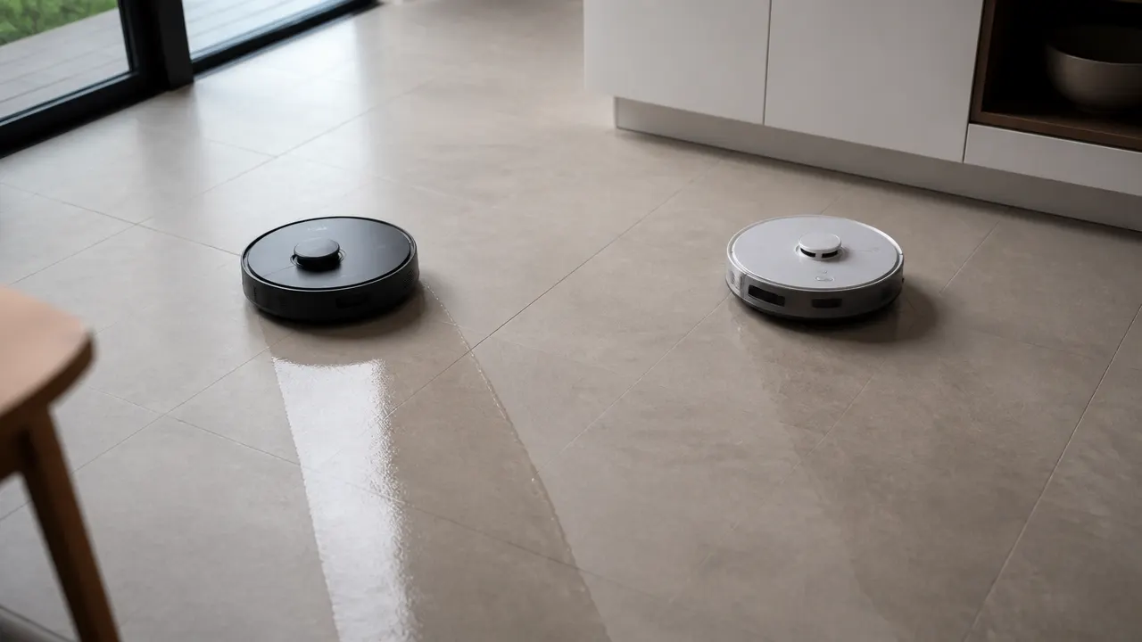 Lavage rotatif vs humidification : la différence en image Comparaison visuelle de deux passages de robots laveurs sur sol carrelé, l'un avec une trace de lavage marquée et l'autre avec une trace plus diffuse