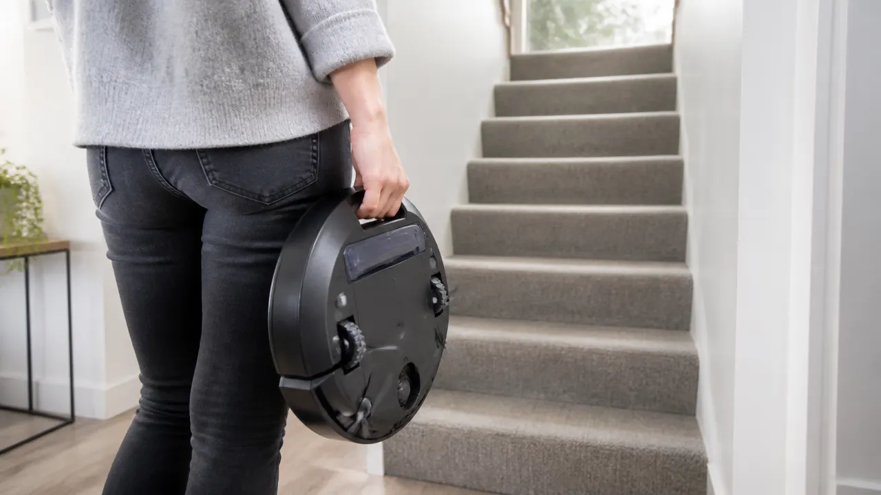 port-manuel-robot-aspirateur-etage Personne portant un robot aspirateur en bas d'un escalier vers l'étage