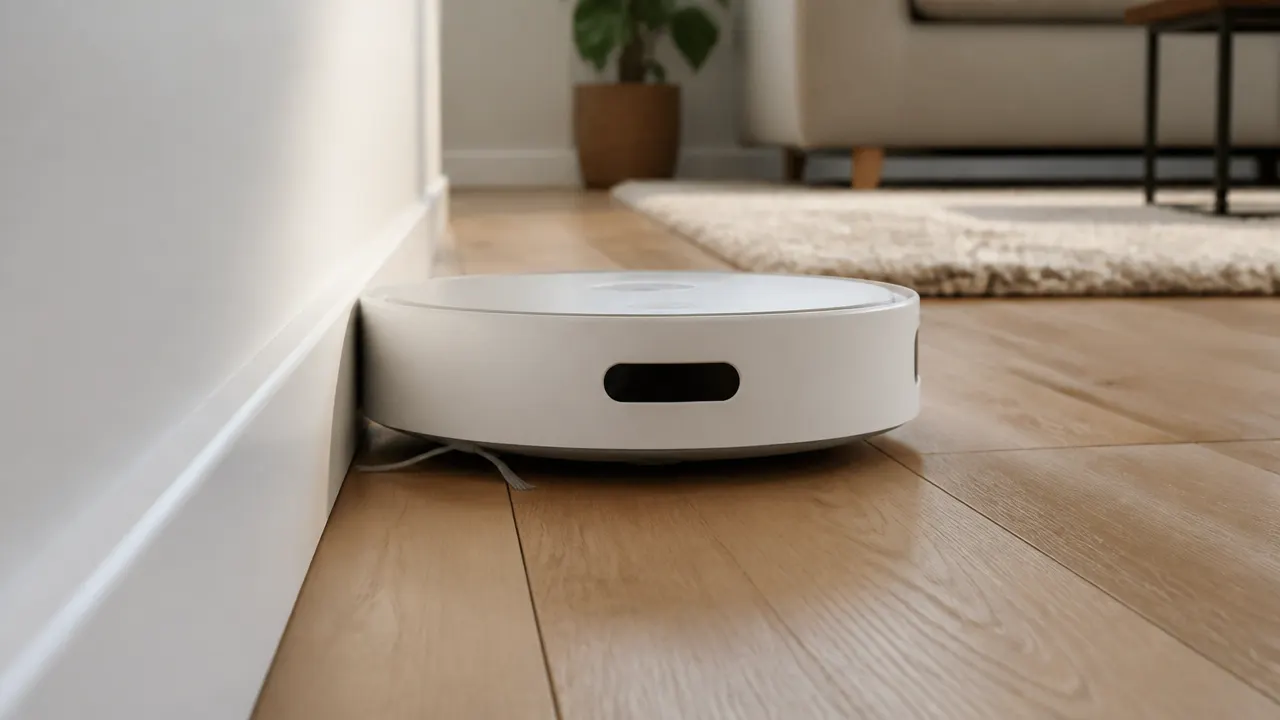 Robot aspirateur laveur longeant une plinthe dans un salon avec parquet et tapis