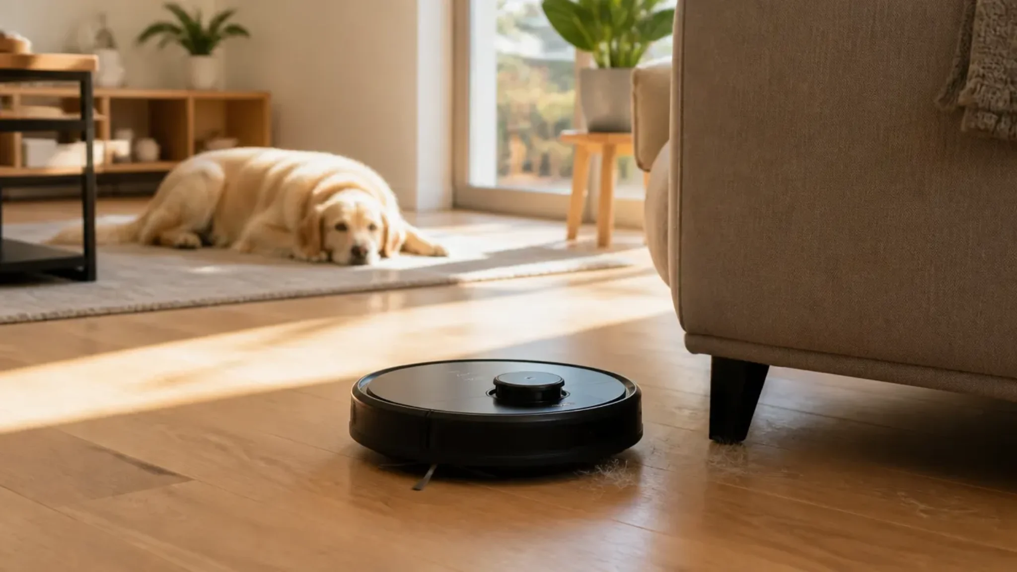 Salon avec robot aspirateur laveur nettoyant un sol face à un canapé