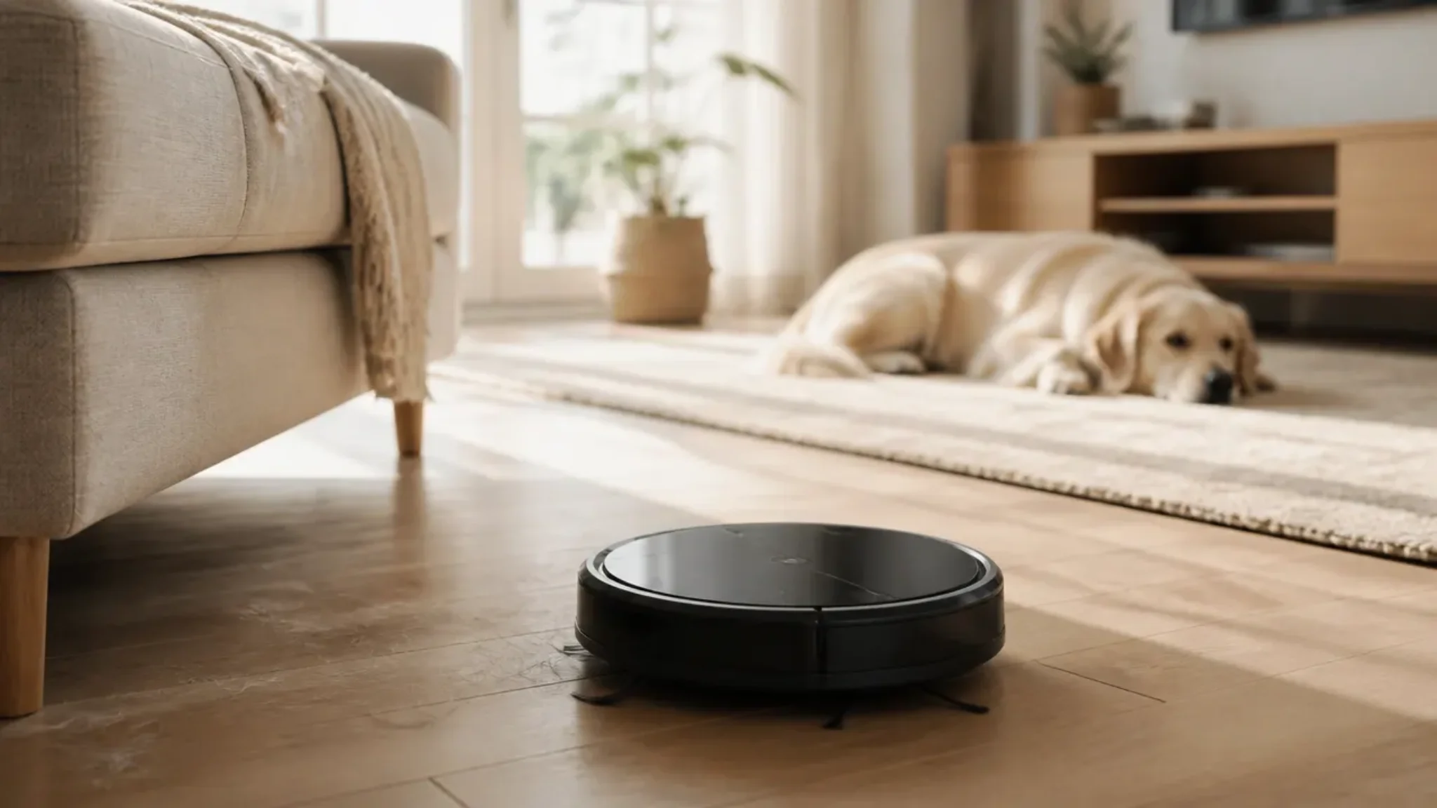 Robot aspirateur laveur en fonctionnement dans un salon avec animal
