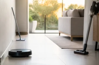 Robot laveur passant le long d'une plinthe dans un salon avec serpillière et aspirateur balai visibles en arrière-plan