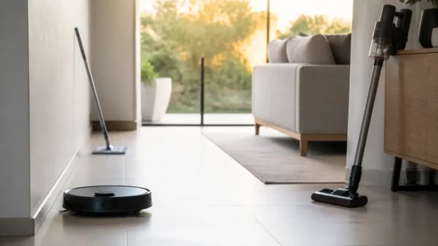 Robot laveur passant le long d'une plinthe dans un salon avec serpillière et aspirateur balai visibles en arrière-plan