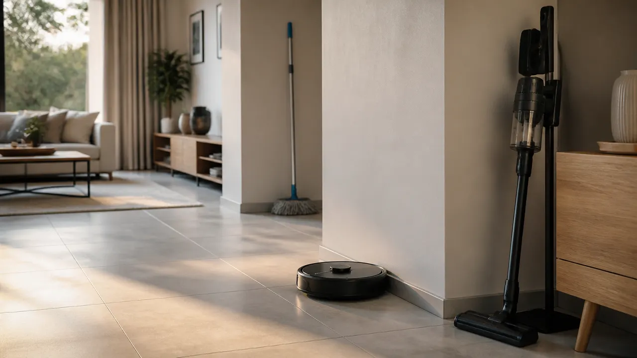 Robot laveur dans un salon avec serpillière et balai en complément Robot laveur passant le long d'une plinthe dans un salon avec serpillière et aspirateur balai visibles en arrière-plan