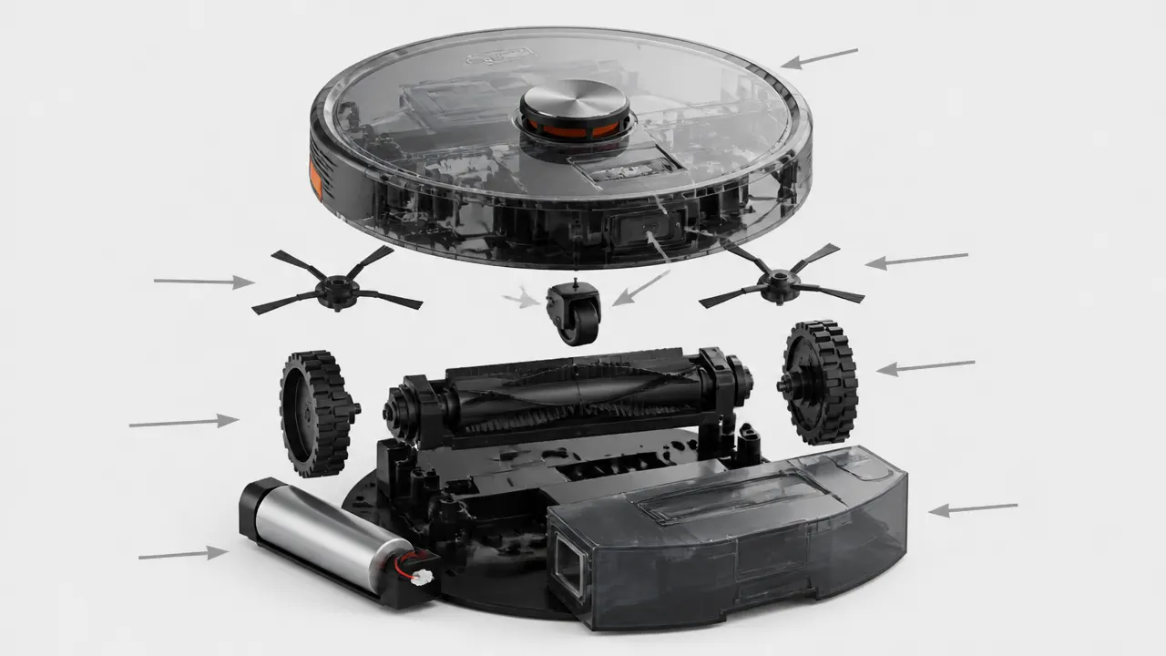 Schéma technique d'un robot aspirateur Schéma annoté en vue éclatée des composants d'un robot aspirateur : brosses, bac, batterie, capteurs et module LiDAR