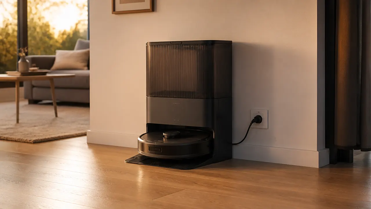 Station de base haut de gamme d'un robot aspirateur Station d'accueil d'un robot aspirateur laveur installée dans un coin de salon avec espace dégagé devant