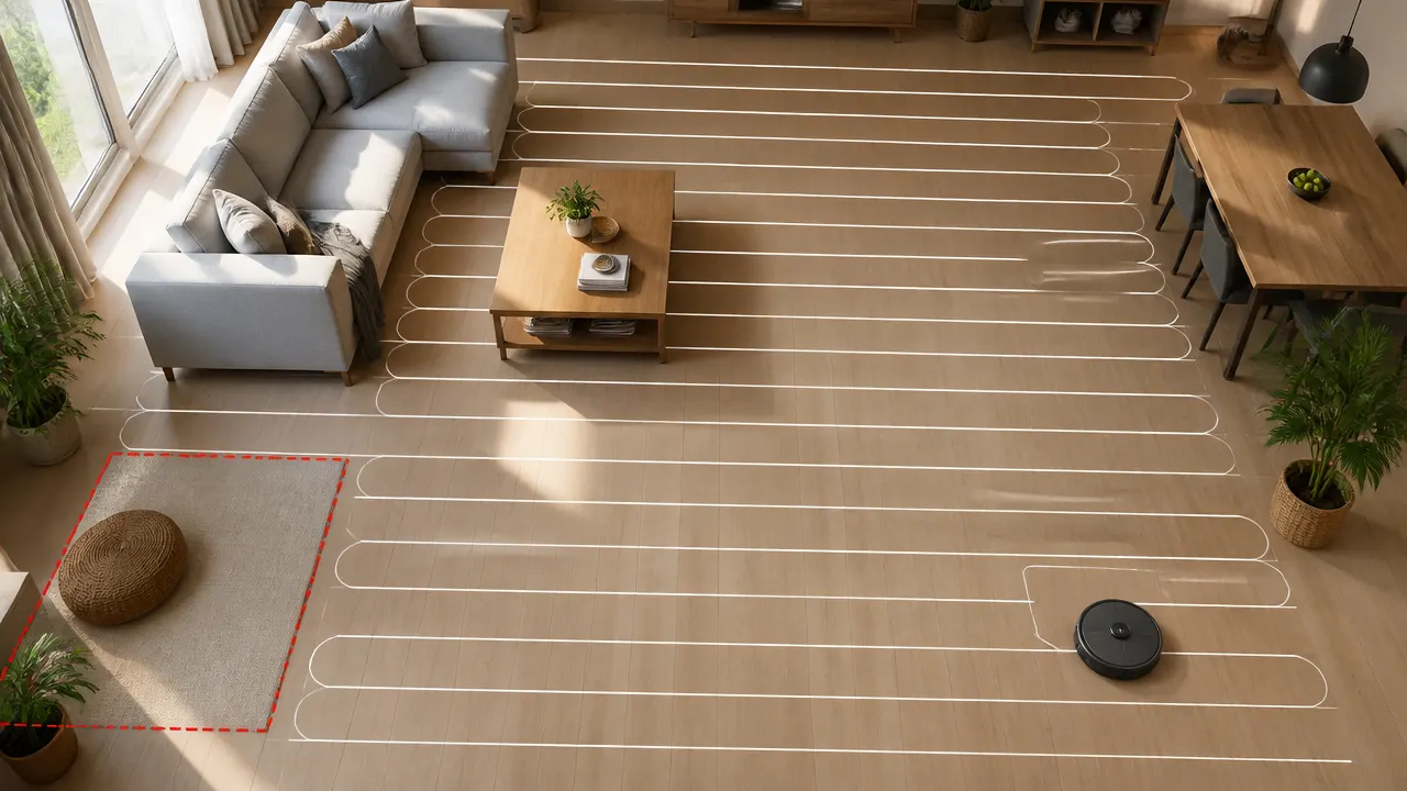 Trajet de nettoyage d'un robot aspirateur cartographié Vue de dessus d'un trajet en lignes parallèles d'un robot cartographié avec une zone interdite autour d'un tapis
