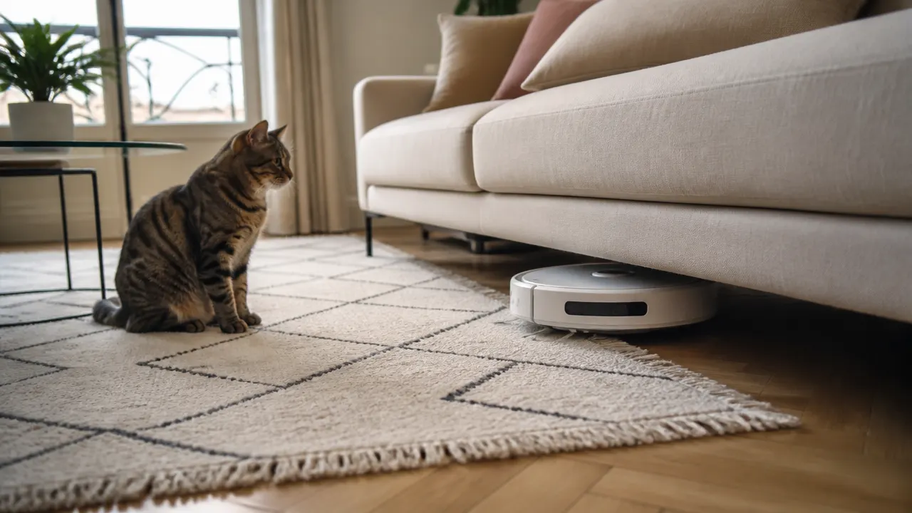 Usage quotidien en présence d'un animal Robot aspirateur passant sous un canapé sous le regard d'un chat