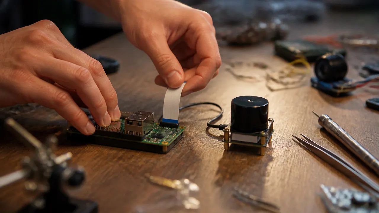 Assemblage électronique LiDAR et Raspberry Pi Raspberry Pi et capteur LiDAR reliés par un câble sur un établi