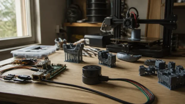 Atelier de bricolage avec carte électronique, capteur LiDAR et pièces imprimées en 3D pour un aspirateur robot open source