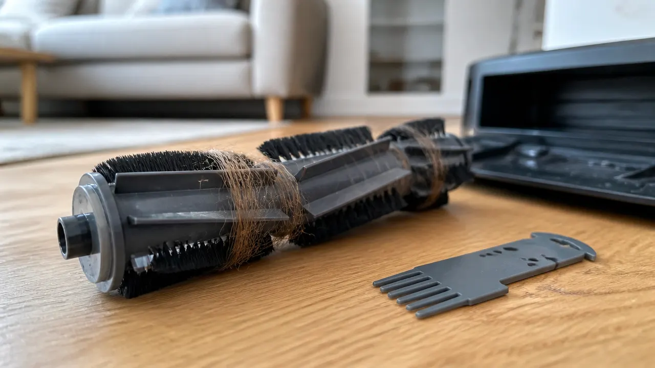 brosse-robot-aspirateur-poils Brosse de robot aspirateur avec poils longs enroulés autour de l'axe