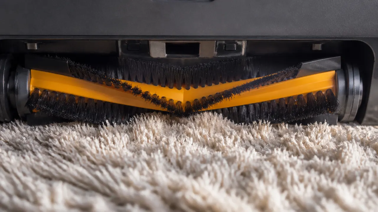 brosse-robot-tapis-poils-moyens Brosse d'un robot en contact avec un tapis à poils moyens