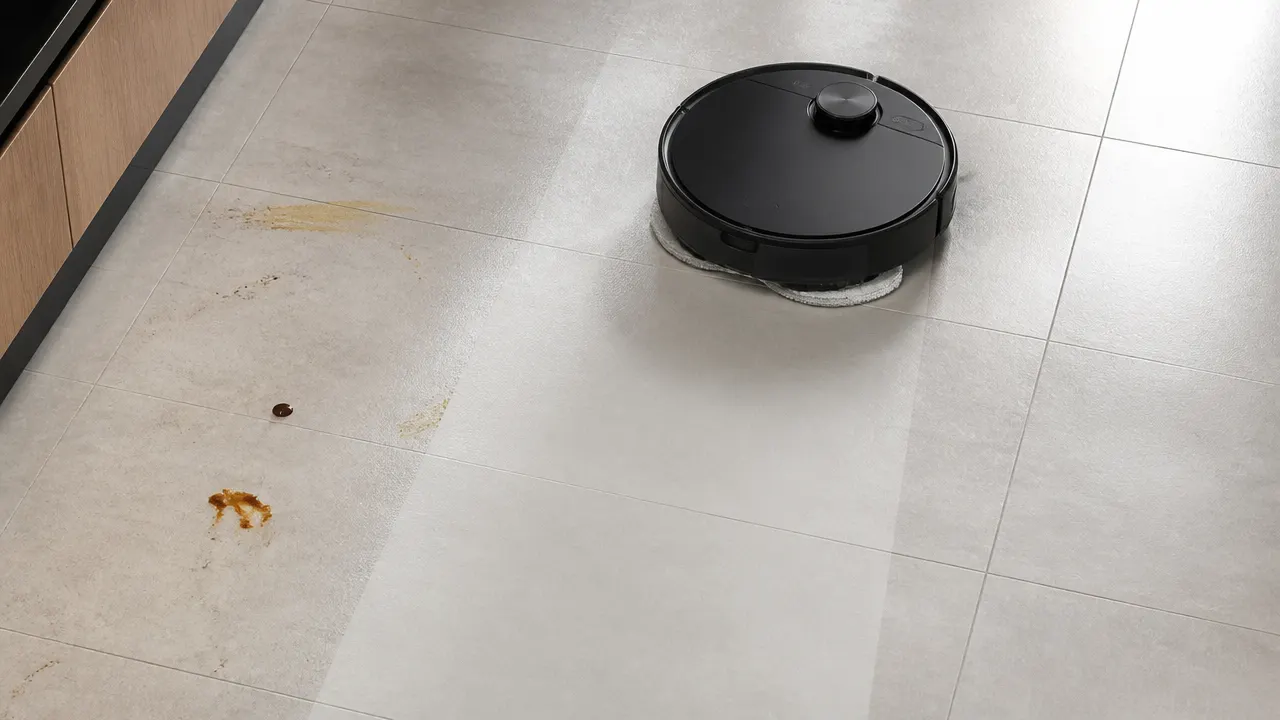 Chaleur, friction et taches sur le sol Robot laveur face à des traces grasses et des taches séchées sur carrelage
