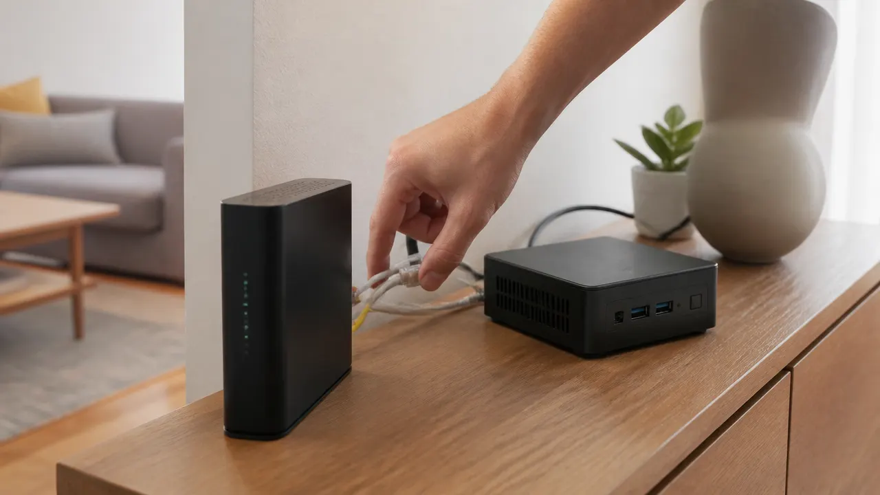 Connexion locale sans passage par un serveur externe Box internet et petit boîtier reliés par un câble Ethernet dans un salon