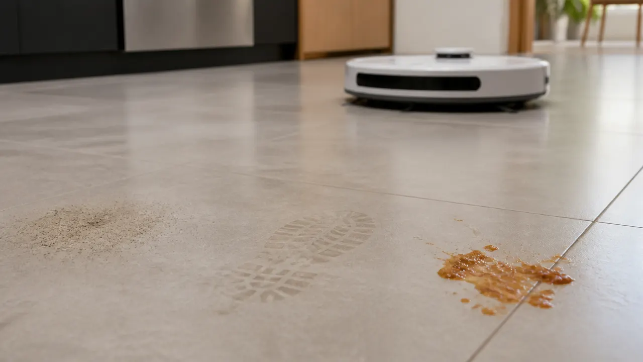 Entretien courant et taches incrustees Différentes salissures sur un sol dur devant un robot laveur