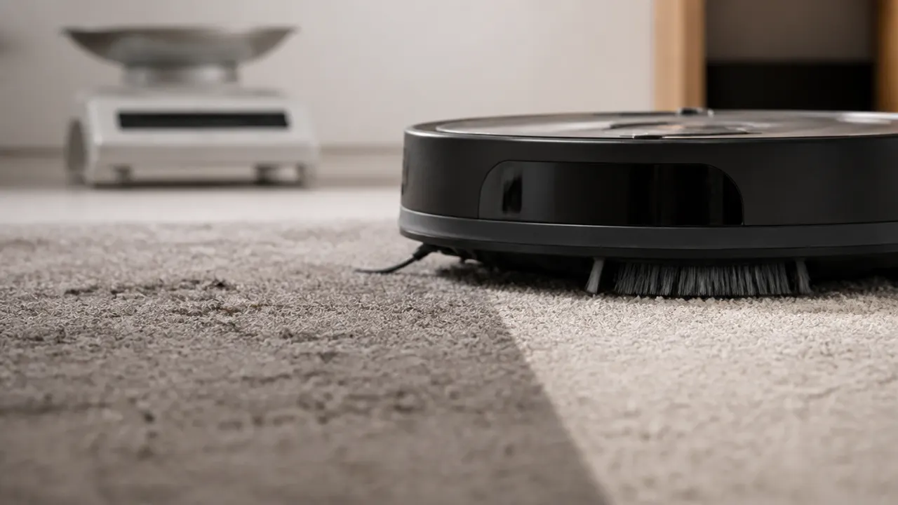 Nettoyage de poussière et de poils incrustés dans une moquette par un robot aspirateur