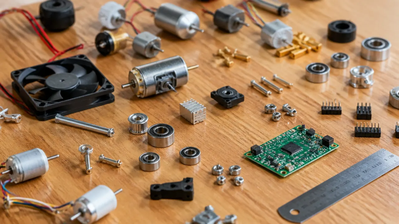 Pièces à sourcer soi-même pour le projet Petites pièces mécaniques et électroniques disposées sur une table