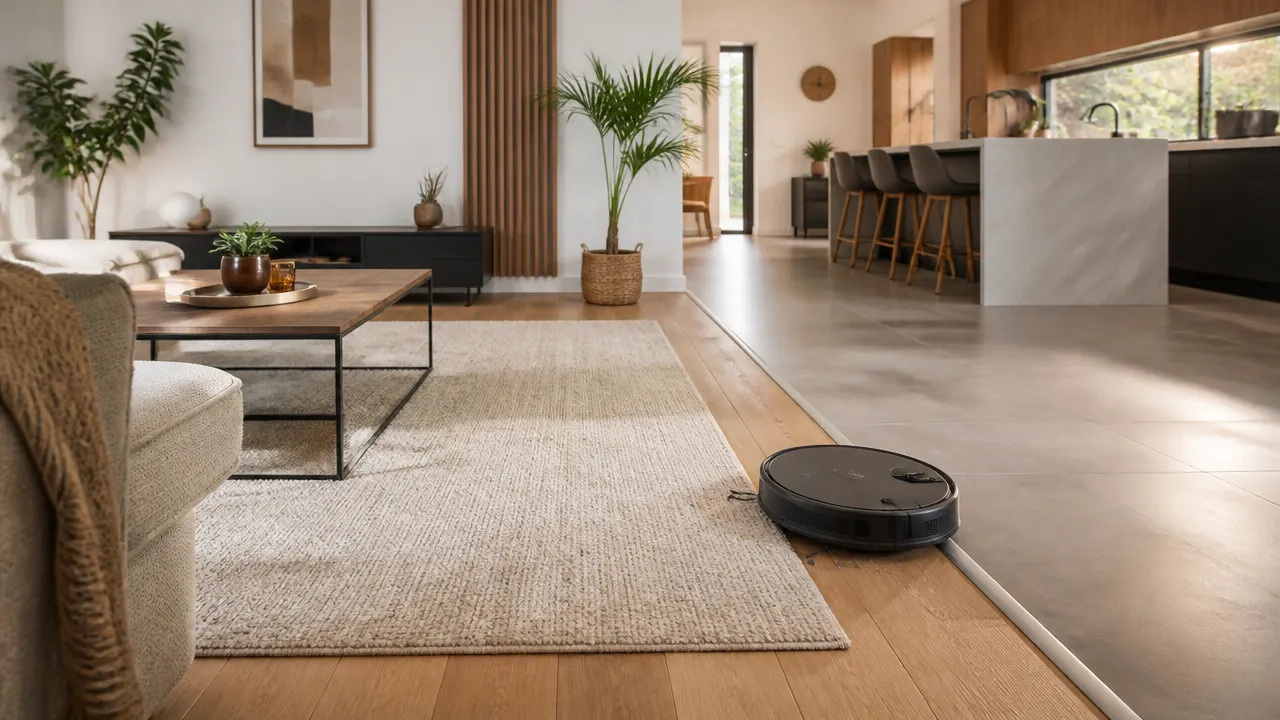 Robot aspirateur laveur passant d’un sol dur à un tapis dans un logement mixte
