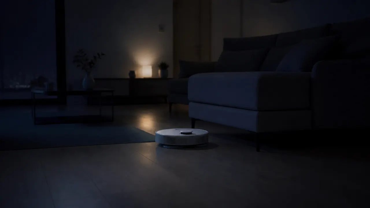 robot-aspirateur-silencieux-nuit-salon Robot aspirateur laveur qui nettoie un salon la nuit