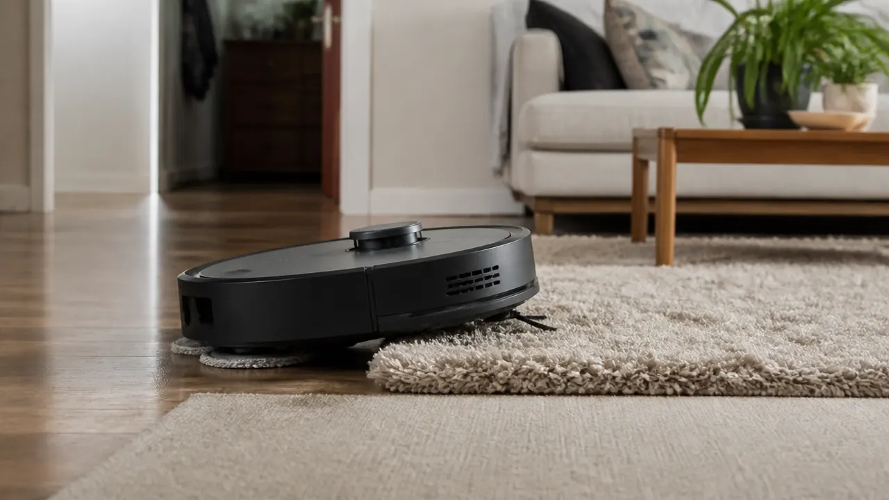Robot aspirateur laveur franchissant un tapis épais sans mouiller les fibres