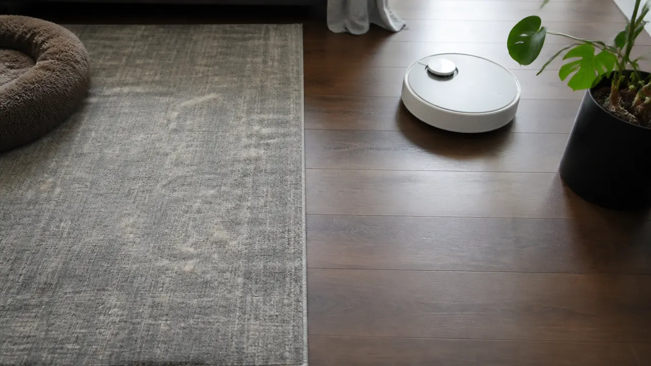 robot-aspirateur-tapis-poils Comparaison visuelle entre tapis avec poils d'animaux et sol dur nettoyé par un robot aspirateur