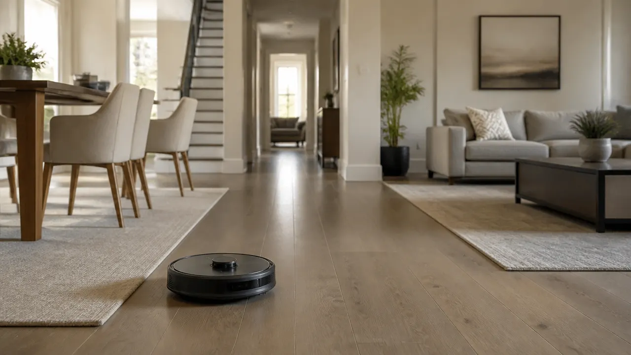 Robot aspirateur laveur circulant dans une grande maison avec plusieurs zones à couvrir