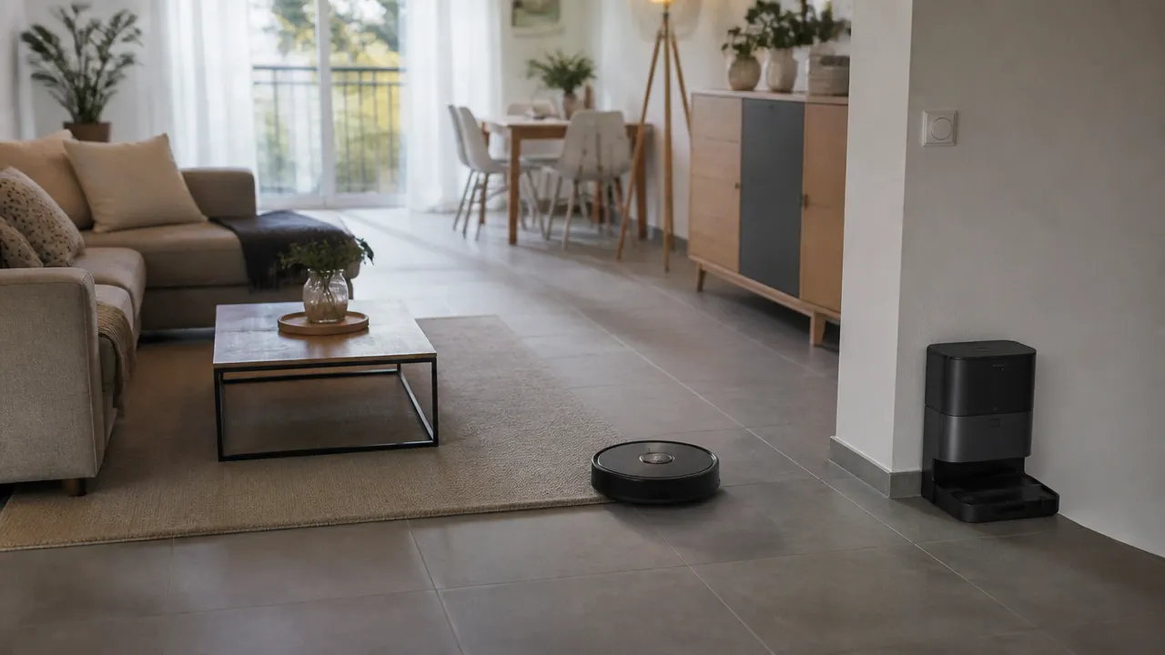 Robot aspirateur laveur dans un séjour avec sols mixtes et base compacte