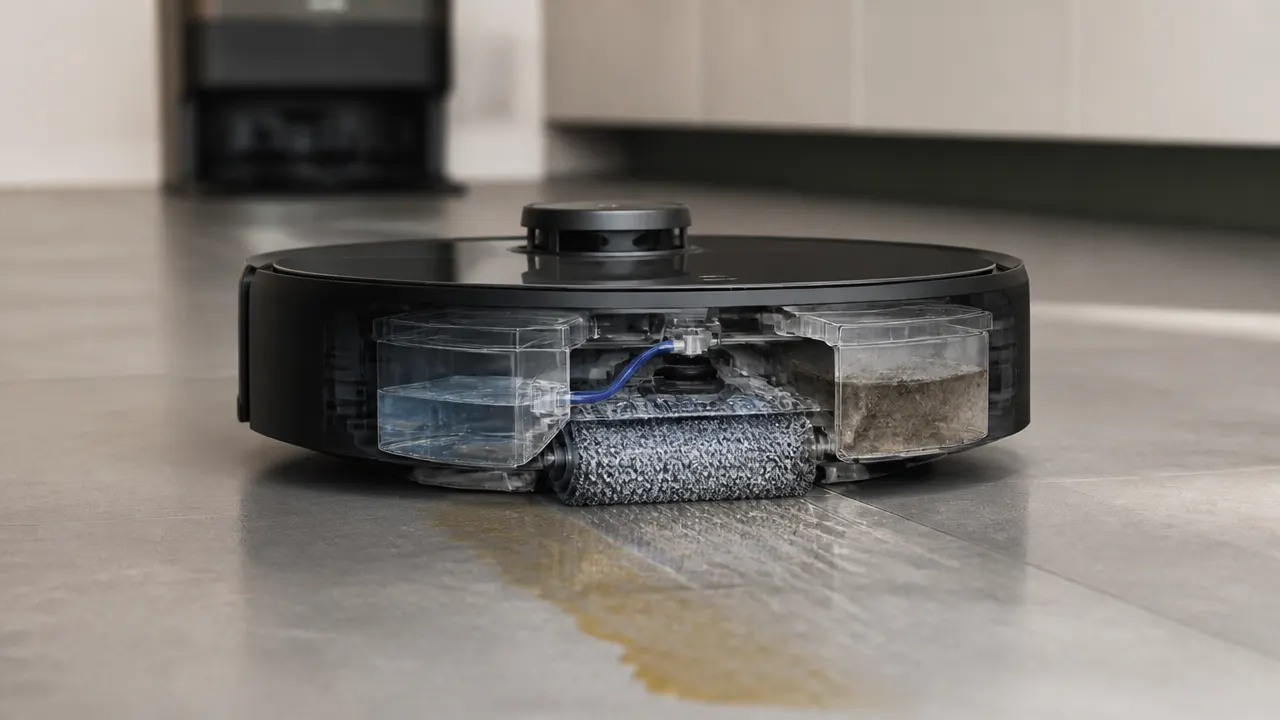 robot-laveur-eau-chaude-sol Robot laveur avec rouleau actif sur un sol carrelé et gestion séparée de l’eau sale